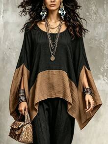 Trelyra Fall Winter Boho Color Block Batwing Sleeve Blouse, Elastic Gathered Neck Loose Goingout Vacation Top For Halloween Christmas Holiday Occasions Black - Multicolor - View 4
