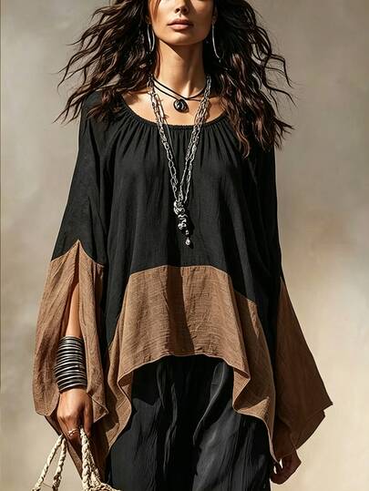 Trelyra Fall Winter Boho Color Block Batwing Sleeve Blouse, Elastic Gathered Neck Loose Goingout Vacation Top For Halloween Christmas Holiday Occasions Black