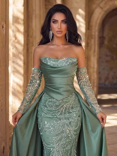Glamrae Elegante abito da sera da donna in raso lucido grigio-verde scuro di lusso con ricamo 3D di perline, senza spalline, scollo a cappuccio, gonna a sirena lunga fino a terra con strascico extra lungo, adatto per appuntamenti, matrimoni, addii al nubilato, lauree e tutte le occasioni formali