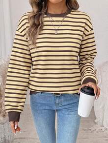 SHEIN LUNE 休閒極簡復古優雅通勤百搭暖黃棕色條紋印花女款圓領長袖寬鬆衛衣，沙灘度假夏季穿搭 - 白色 - 查看 1