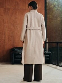 Anewsta Women's Autumn/Winter Long Asymmetrical Front Collar Cinched Waist Waist Wool Coat - Beige - View 7