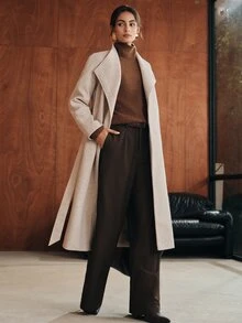 Anewsta Women's Autumn/Winter Long Asymmetrical Front Collar Cinched Waist Waist Wool Coat - Beige - View 4