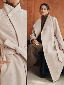 Anewsta Women's Autumn/Winter Long Asymmetrical Front Collar Cinched Waist Waist Wool Coat - Beige - View 1