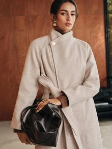 Anewsta Women's Autumn/Winter Long Asymmetrical Front Collar Cinched Waist Waist Wool Coat - Beige - View 5