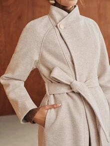 Anewsta Women's Autumn/Winter Long Asymmetrical Front Collar Cinched Waist Waist Wool Coat - Beige - View 2