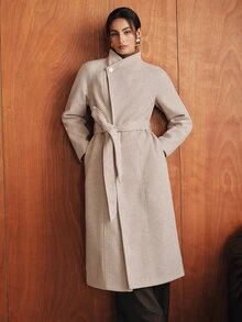 Anewsta Women's Autumn/Winter Long Asymmetrical Front Collar Cinched Waist Waist Wool Coat - Beige - View 6