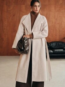 Anewsta Women's Autumn/Winter Long Asymmetrical Front Collar Cinched Waist Waist Wool Coat - Beige - View 8