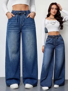 SHEIN PETITE 女款休閒街頭風水洗寬腿牛仔褲 牛仔女郎穿搭 開學季 夏季 辦公室 外出 旅行 日常 深藍色 - 藍色 - 查看 7