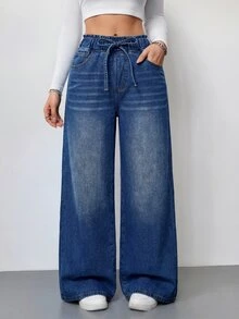 SHEIN PETITE 女款休閒街頭風水洗寬腿牛仔褲 牛仔女郎穿搭 開學季 夏季 辦公室 外出 旅行 日常 深藍色 - 藍色 - 查看 10