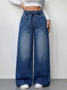 SHEIN PETITE 女款休閒街頭風水洗寬腿牛仔褲 牛仔女郎穿搭 開學季 夏季 辦公室 外出 旅行 日常 深藍色 - 藍色 - 查看 8