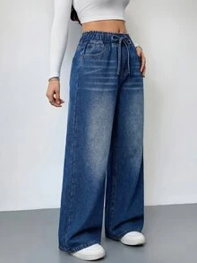 SHEIN PETITE 女款休閒街頭風水洗寬腿牛仔褲 牛仔女郎穿搭 開學季 夏季 辦公室 外出 旅行 日常 深藍色 - 藍色 - 查看 5