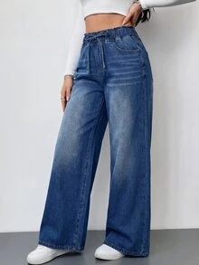 SHEIN PETITE 女款休閒街頭風水洗寬腿牛仔褲 牛仔女郎穿搭 開學季 夏季 辦公室 外出 旅行 日常 深藍色 - 藍色 - 查看 6