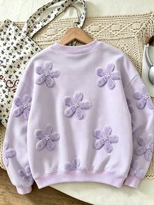 SHEIN 女童淺紫色圓領抓絨衛衣，秋冬款，仿3D毛絨珍珠花朵印花上衣，牛仔女孩，7歲生日 - 彩色 - 查看 3