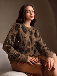 Anewsta American Style Autumn/Winter High-End Fashion Design Elegant Vintage Wild Distressed Snake & Leopard Print Micro-Cutout Round Neck Knit Sweater - Brown - View 4