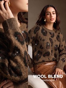 Anewsta American Style Autumn/Winter High-End Fashion Design Elegant Vintage Wild Distressed Snake & Leopard Print Micro-Cutout Round Neck Knit Sweater - Brown - View 2