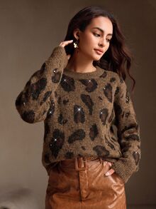 Anewsta American Style Autumn/Winter High-End Fashion Design Elegant Vintage Wild Distressed Snake & Leopard Print Micro-Cutout Round Neck Knit Sweater - Brown - View 8