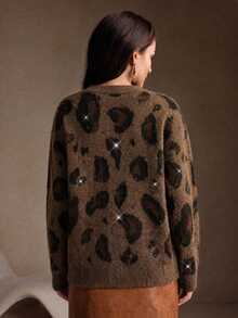 Anewsta American Style Autumn/Winter High-End Fashion Design Elegant Vintage Wild Distressed Snake & Leopard Print Micro-Cutout Round Neck Knit Sweater - Brown - View 6
