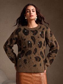 Anewsta American Style Autumn/Winter High-End Fashion Design Elegant Vintage Wild Distressed Snake & Leopard Print Micro-Cutout Round Neck Knit Sweater - Brown - View 7