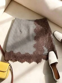 Serisse Women's Autumn Houndstooth Lace Patchwork Mini Skirt, Suitable For Casual Everyday Wear, 70s Autumn Clothing.Women Fall Winter Skirt,Plaid Skirt - Black and White - View 8