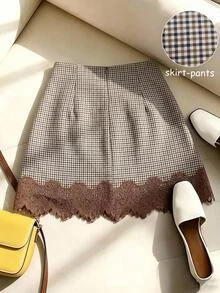 Serisse Women's Autumn Houndstooth Lace Patchwork Mini Skirt, Suitable For Casual Everyday Wear, 70s Autumn Clothing.Women Fall Winter Skirt,Plaid Skirt - Black and White - View 11