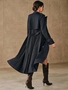 Anewsta Autumn/Winter Elegant Vintage Commute Double-Breasted Lapel Cinched Waist Waist Long Knee-Length Blue Women's Trench Coat, Suitable For Commute, Daily, Date - Blue - View 7