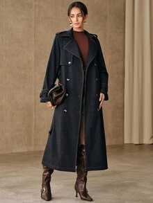 Anewsta Autumn/Winter Elegant Vintage Commute Double-Breasted Lapel Cinched Waist Waist Long Knee-Length Blue Women's Trench Coat, Suitable For Commute, Daily, Date - Blue - View 8