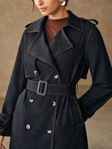 Anewsta Autumn/Winter Elegant Vintage Commute Double-Breasted Lapel Cinched Waist Waist Long Knee-Length Blue Women's Trench Coat, Suitable For Commute, Daily, Date - Blue - View 2