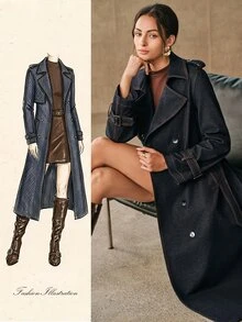 Anewsta Autumn/Winter Elegant Vintage Commute Double-Breasted Lapel Cinched Waist Waist Long Knee-Length Blue Women's Trench Coat, Suitable For Commute, Daily, Date - Blue - View 1
