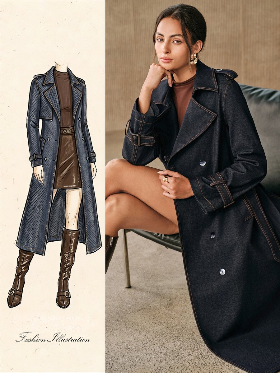 Anewsta Autumn/Winter Elegant Vintage Commute Double-Breasted Lapel Cinched Waist Waist Long Knee-Length Blue Women's Trench Coat, Suitable For Commute, Daily, Date - Blue - View 1