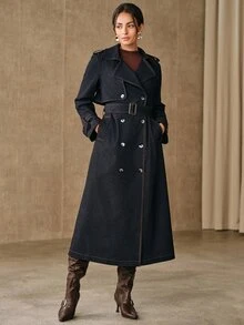Anewsta Autumn/Winter Elegant Vintage Commute Double-Breasted Lapel Cinched Waist Waist Long Knee-Length Blue Women's Trench Coat, Suitable For Commute, Daily, Date - Blue - View 4