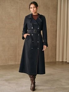 Anewsta Autumn/Winter Elegant Vintage Commute Double-Breasted Lapel Cinched Waist Waist Long Knee-Length Blue Women's Trench Coat, Suitable For Commute, Daily, Date - Blue - View 5