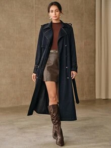 Anewsta Autumn/Winter Elegant Vintage Commute Double-Breasted Lapel Cinched Waist Waist Long Knee-Length Blue Women's Trench Coat, Suitable For Commute, Daily, Date - Blue - View 6