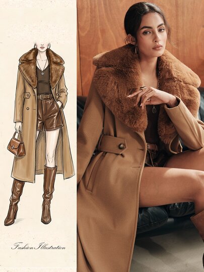 Anewsta Women's Autumn/Winter Long Single-Breasted Cinched Waist Waist Lapel Large Fur Collar Fashion Casual Wool Coat