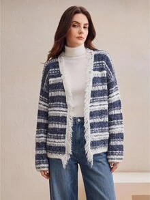 Anewsta Women's Fall/Winter Elegant Casual Striped Knit Distressed Fringed Hem Cardigan Office Tea Party - Blue and White - View 2