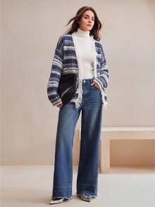 Anewsta Women's Fall/Winter Elegant Casual Striped Knit Distressed Fringed Hem Cardigan Office Tea Party - Blue and White - View 8