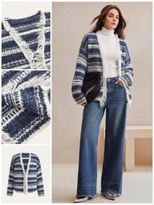 Anewsta Women's Fall/Winter Elegant Casual Striped Knit Distressed Fringed Hem Cardigan Office Tea Party - Blue and White - View 1
