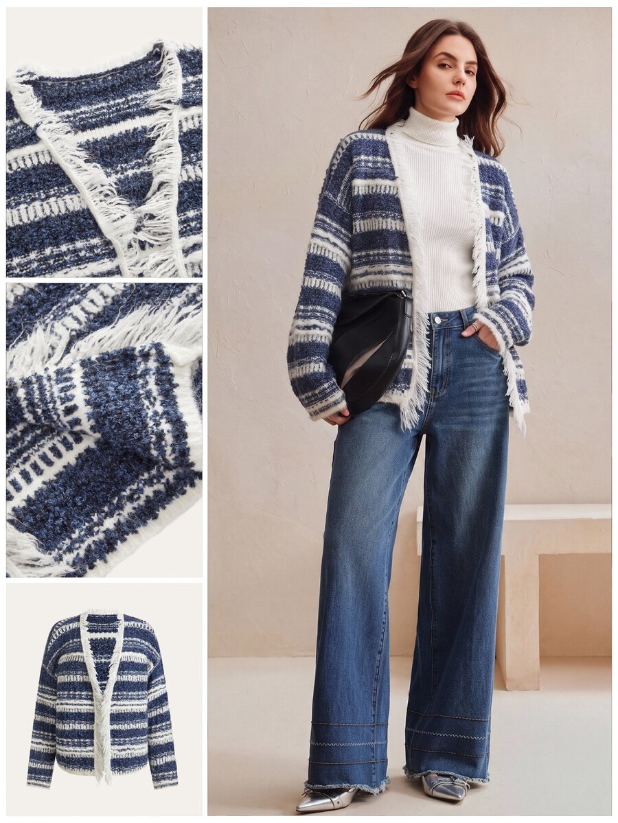 Anewsta Women's Fall/Winter Elegant Casual Striped Knit Distressed Fringed Hem Cardigan Office Tea Party - Blue and White - View 1