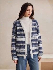 Anewsta Women's Fall/Winter Elegant Casual Striped Knit Distressed Fringed Hem Cardigan Office Tea Party - Blue and White - View 4