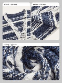 Anewsta Women's Fall/Winter Elegant Casual Striped Knit Distressed Fringed Hem Cardigan Office Tea Party - Blue and White - View 3