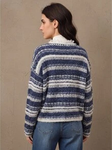 Anewsta Women's Fall/Winter Elegant Casual Striped Knit Distressed Fringed Hem Cardigan Office Tea Party - Blue and White - View 7