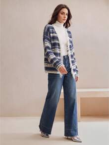 Anewsta Women's Fall/Winter Elegant Casual Striped Knit Distressed Fringed Hem Cardigan Office Tea Party - Blue and White - View 6