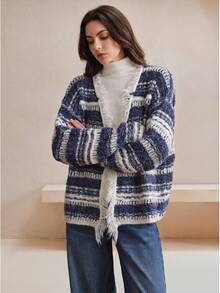 Anewsta Women's Fall/Winter Elegant Casual Striped Knit Distressed Fringed Hem Cardigan Office Tea Party - Blue and White - View 9