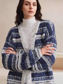 Anewsta Women's Fall/Winter Elegant Casual Striped Knit Distressed Fringed Hem Cardigan Office Tea Party - Blue and White - View 5