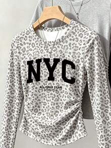 (3件組) 青少年女孩秋季上衣 豹紋 NYC 圖案長袖 T-shirt 黑色與灰色，休閒秋季服飾 - 彩色 - 查看 5