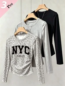 (3件組) 青少年女孩秋季上衣 豹紋 NYC 圖案長袖 T-shirt 黑色與灰色，休閒秋季服飾 - 彩色 - 查看 3