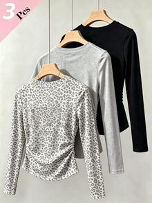 (3件組) 青少年女孩秋季上衣 豹紋 NYC 圖案長袖 T-shirt 黑色與灰色，休閒秋季服飾 - 彩色 - 查看 2