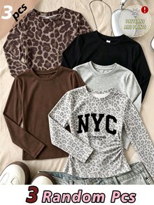 (3件組) 青少年女孩秋季上衣 豹紋 NYC 圖案長袖 T-shirt 黑色與灰色，休閒秋季服飾 - 彩色 - 查看 1