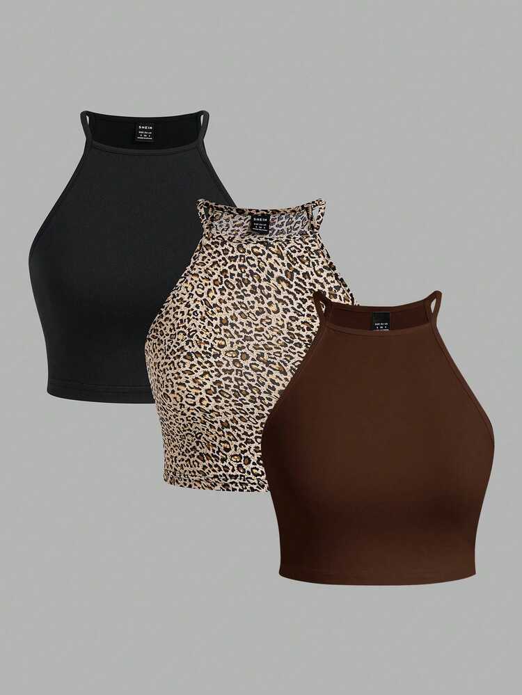 SHEIN EZwear 3pcs Leopard Print Sleeveless Top For Women, Suitable For Summer Back To School - Multicolor - View 1