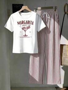 Comfortcana 2pcs/Set Embroidered Round Neck Short Sleeve Top And Striped Print Pants, Casual - Burgundy - View 3
