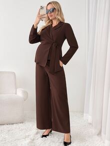 SHEIN Maternity Solid Color Ruched Long Sleeve Top And Adjustable Long Pants Casual Daily 2 Pieces Set Fall - Coffee Brown - View 8